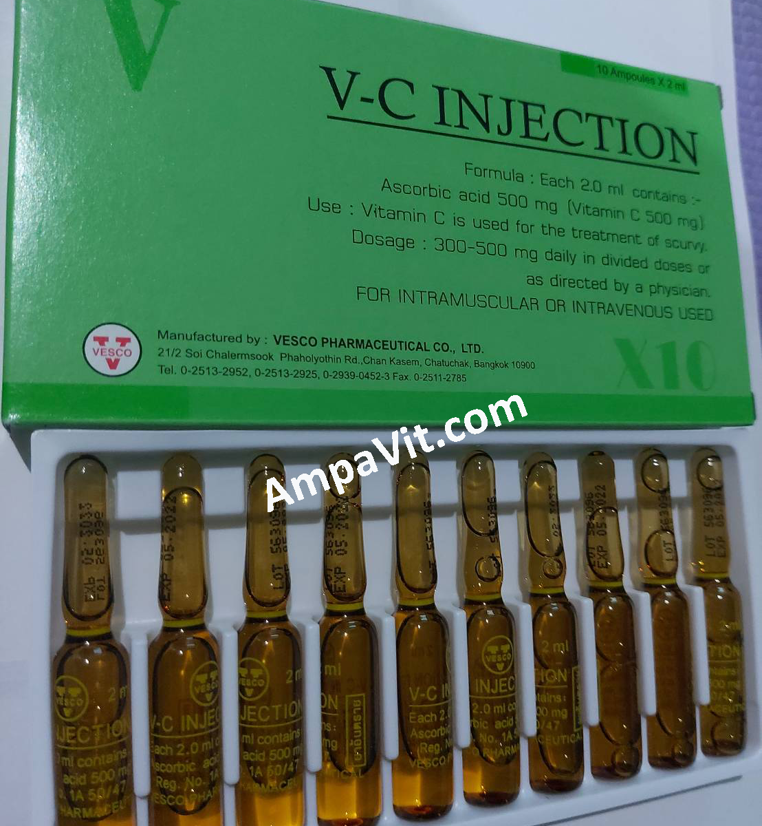 10 x 2ml Vitamin C ampoules pack, Ascorbic acid 500mg AmpaVit & B124U