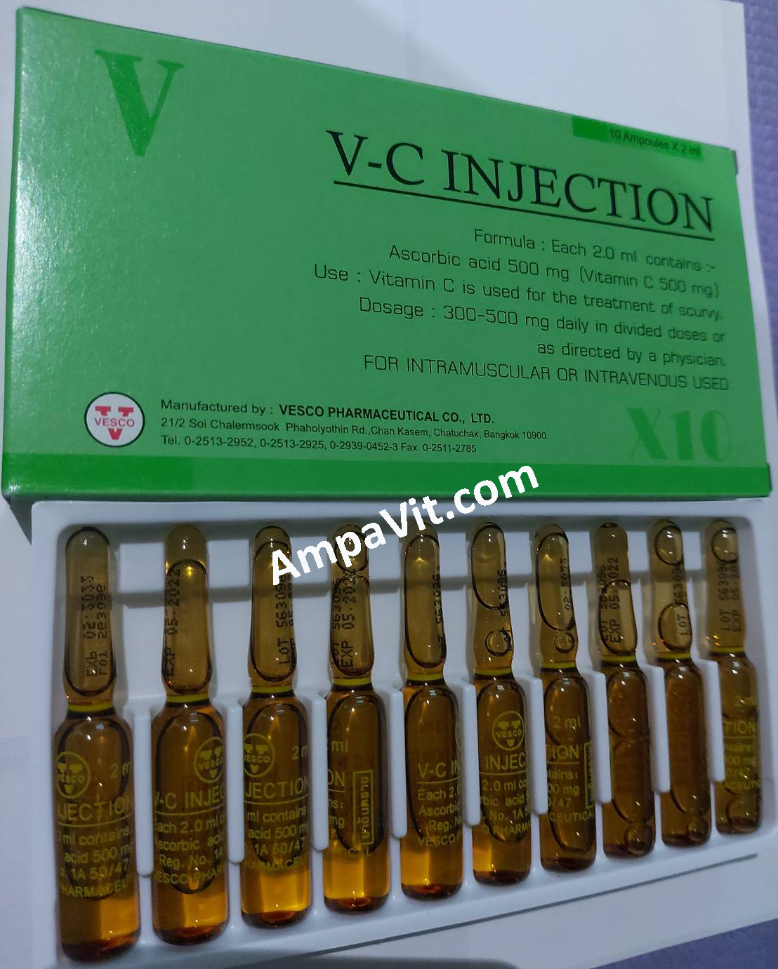 10 x 2ml Vitamin C ampoules pack, Ascorbic acid 500mg AmpaVit & B124U