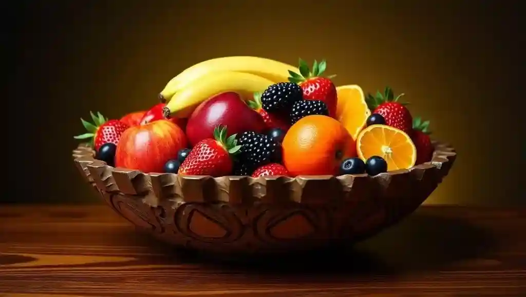 A decorative wooden bowl filled with colorful fruit, symbolizing natural vitamins and wellness